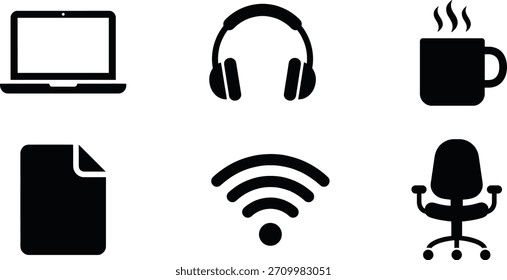 Uma coleção de ícones essenciais que representam a configuração do trabalho em casa, incluindo um laptop, fones de ouvido, café, documentos, sinal WiFi e uma cadeira de escritório.