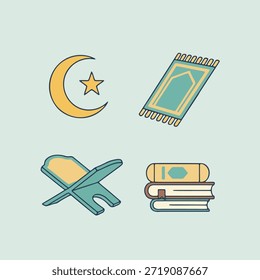 Colección de símbolos y objetos religiosos islámicos esenciales para la oración y el estudio, que representan las tradiciones y la espiritualidad musulmanas
