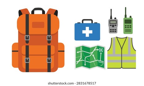 A collection of essential items for emergency preparedness, including a backpack, first aid kit, walkie-talkies, map, and safety vest.