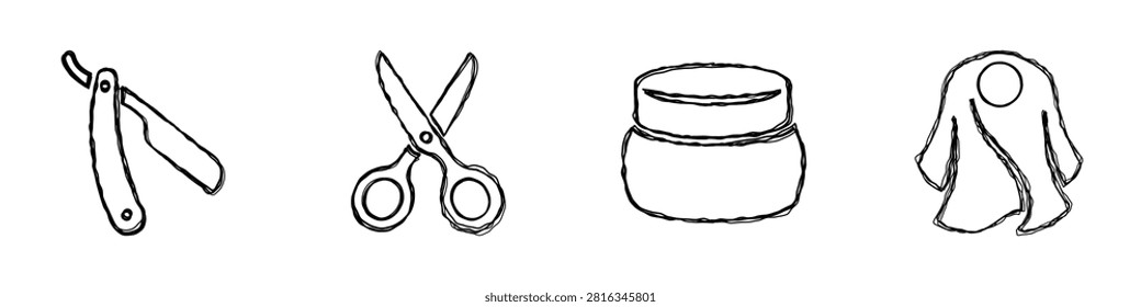 A collection of essential items for personal grooming, including a straight razor, scissors, cream jar, and towel