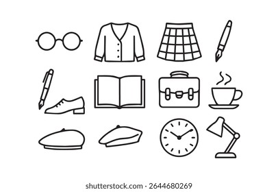 Uma coleção de itens essenciais para um estudante ou acadêmico. Inclui óculos, roupas, utensílios de escrita, livros, café, relógio e muito mais. Uma perfeita representação da vida acadêmica.