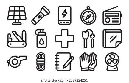 Collection of essential items for survival including flashlight, radio, compass, first aid, and tools.