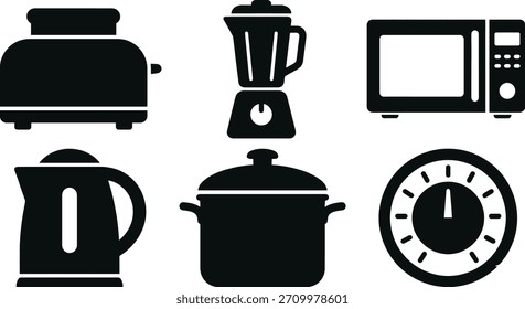 Eine Sammlung von essenziellen Küchengeräten, einschließlich Toaster, Mixer, Mikrowelle, Wasserkocher, Kochtopf und Küchenuhr, alles in einem einfachen, grafischen Stil.