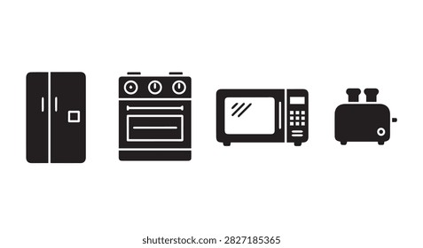 A collection of essential kitchen appliances including a refrigerator, oven, microwave, and toaster, showcasing modern home cooking equipment.