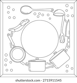 Una colección de utensilios de cocina esenciales y utensilios de cocina dispuestos en un Vector decorativo de marco circular, ilustración, cocina, página para colorear