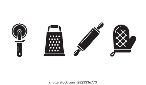Collection of essential kitchen utensils including a key-shaped grater, cheese grater, rolling pin, and oven mitts for cooking and baking.