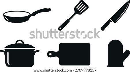 A collection of essential kitchen utensils, including a frying pan, spatula, knife, pot, cutting board, and oven mitt, presented in a clean black and white vector illustration.