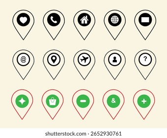 Collection of Essential Location-Based Map Icons and Symbols Perfect for Navigation, GPS Apps, and Website Design	