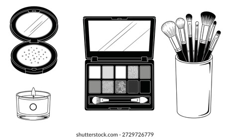 Coleção de ícones de maquiagem essenciais, incluindo paleta de sombras, pó de rosto, vela e conjunto de escovas cosméticas.