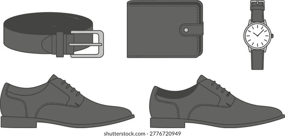 Collection of essential men's accessories including a leather belt, bifold wallet, wristwatch, and a pair of classic dress shoes, presented in a clean, flat design style.