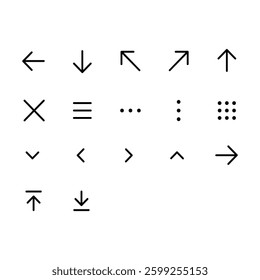 A collection of essential navigation icons for UIUX design, including arrows, menu buttons, and close icons.