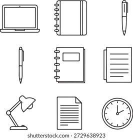 Collection of essential office and stationery items, featuring a laptop, various notebooks, pens, documents, a desk lamp, and a wall clock, depicted in a clean line art style, suitable for business, education, and workspace themes.