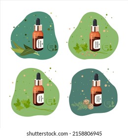 Collection of essential oils eucalyptus, coriander, cilantro and cypres hand-drawn. Aromatherapy and Spa illustration for alternative medicine. Flat cartoon vector illustration isolated from backgroud