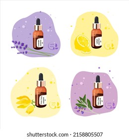 Collection with essential oils of lavender, lemon, ylang ylang and Clary Sage hand-drawn. Aromatherapy and Spa illustration for alternative medicine. Flat cartoon vector illustration isolated