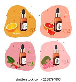 Collection with essential oils of orange, grapefruit, wintergreen and geranium hand-drawn. Aromatherapy and Spa illustration for alternative medicine. Flat cartoon vector illustration isolated