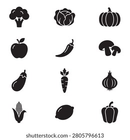 Collection of essential produce and vegetable icons with vegetables, silhouette
