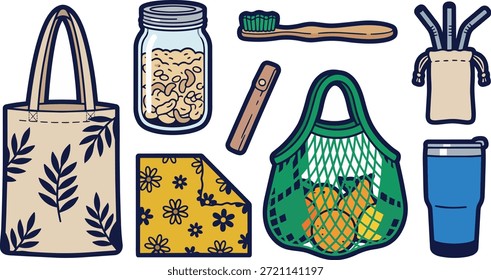 Colección de artículos reutilizables esenciales para un estilo de vida sostenible y ecológico, promoviendo hábitos de cero residuos