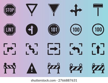 Collection of essential road traffic signs and directional symbols for navigation safety and guidance