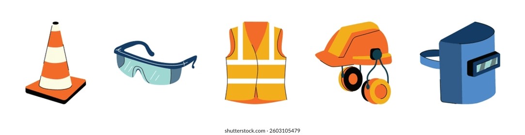 Collection of essential safety equipment for construction and industrial workplace