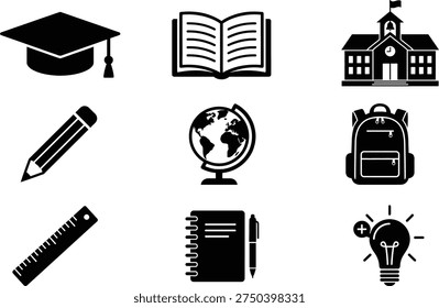 A collection of essential school and education icons representing learning and academic pursuits