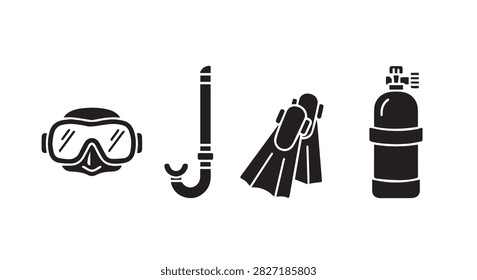 Collection of essential scuba diving gear featuring a mask, snorkel, wetsuit, and oxygen tank for underwater exploration and water sports activities.