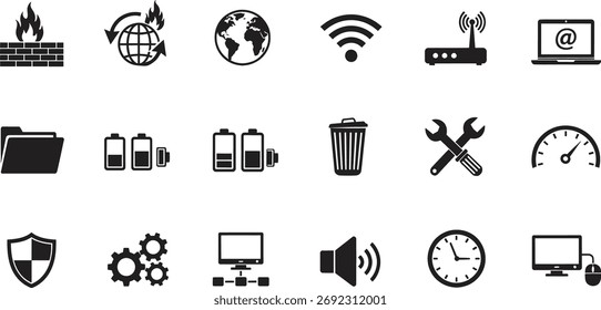 Coleção de ícones essenciais de tecnologia e segurança para aplicações modernas