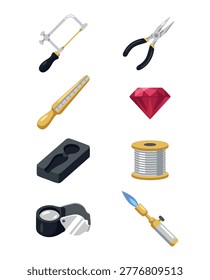 A collection of essential tools and materials for jewelry making, including a saw, pliers, file, gemstone, and torch.