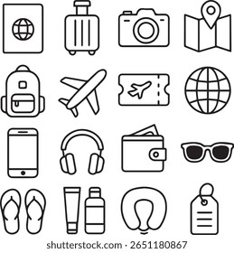 Uma coleção de itens essenciais de viagem, incluindo passaporte, bilhete de avião, mala e mapa, apresentados em um estilo gráfico limpo e moderno com cores vibrantes.