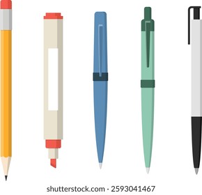 A Collection of Essential Writing Tools Including Pens, Pencils, and Ballpoint Pens in a Stylish Vector Illustration