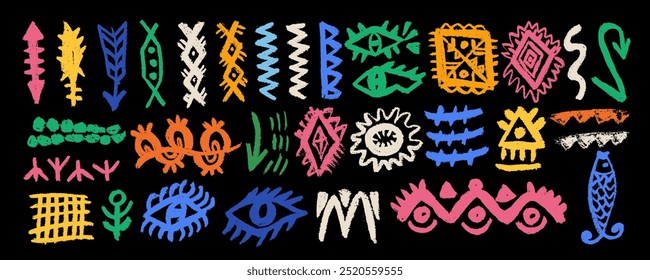 Collection with ethnic aztec sign maya,  hand drawn charcoal. Abstract aztec symbols, totem idols, ancient inca maya, traditional  mexican signs. Vector ornament of native americans, aztecs.