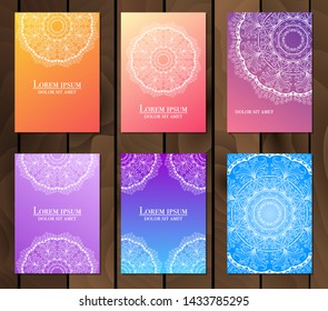 Collection of ethnic cards,menu or wedding invitations with indian ornament. Vintage decorative round mandala elements and lace frame. Hand drawn background. Islam, Arabic, Indian, Pakistan motifs.