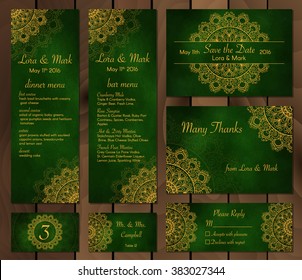 Collection of ethnic cards,menu and wedding invitations with indian ornament. Vintage decorative round elements and lace frame. Hand drawn background. Islam, Arabic, Indian, Pakistan motifs. Vector