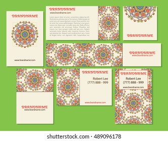 Collection of ethnic cards,menu or wedding invitations with indian ornament. Vintage decorative round elements and lace frame. Hand drawn background. Islam, Arabic, Indian, Pakistan motifs.