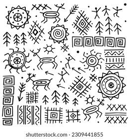 Collection of ethnic doodles.  Ancient rock paintings. Simple folk ornaments. Tribal motives.