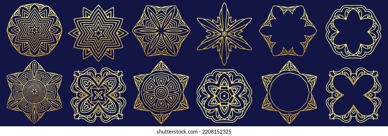 Collection of ethnic isolated decorative patterns, logos, monograms, mandalas. Golden texture. Set of geometric elements for ornament. Template for design, decor. Eastern motives. 