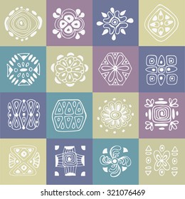 Collection of ethnic patterns on a colored background. Set of geometric elements of tribal art and decor of the Aztecs, drawn by hand. Vector drawings in addition to your exclusive design.