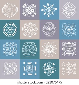 Collection of ethnic patterns on a colored background. Set of geometric elements of tribal art and decor of the Aztecs, drawn by hand. Vector drawings in addition to your exclusive design.