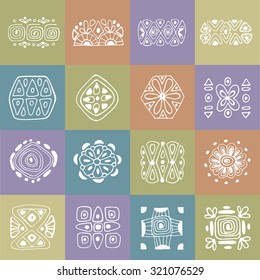 Collection of ethnic patterns on a colored background. Set of geometric elements of tribal art and decor of the Aztecs, drawn by hand. Vector drawings in addition to your exclusive design.