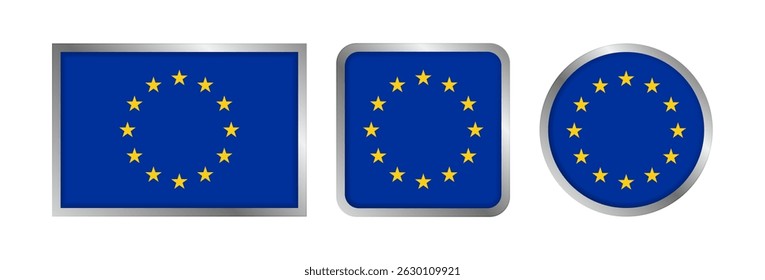 Collection of EU flags badges in silver frames. National patriotic symbol of European Union. Emblem design for product labelling, stickers, decoration, holiday. Vector illustration  