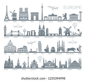 Collection of Europe detailed silhouettes. Set Travel Landmarks. vector illustration. London, Paris, Prague, Barcelona, Moscow Rome Athens Berlin Istanbul