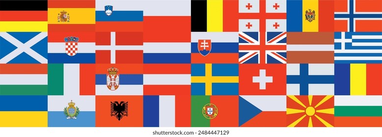 Collection of European flags lined up in a banner
