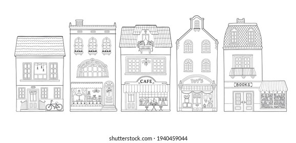 Collection of European houses. Cute Dutch buildings with shops, bookstore, cafe, coffee shop. Contour monochrome vector illustration, coloring for children in a hand-drawn childish style