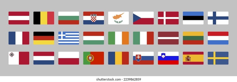 Collection of European Union country flags vector isolated. Finland, Greece, Belgium and another countires in Europe. Set of icons, national symbols. Germany, Sweden and Poland flags.