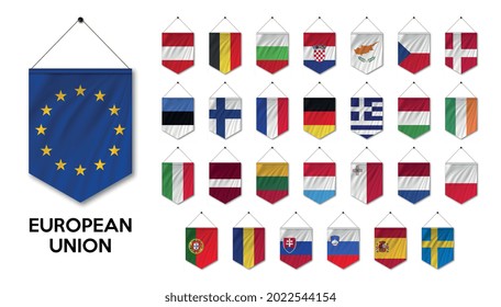 Collection European union flag ( EU ) and membership country on white background . Waving pennant flag design. Vector illustration.