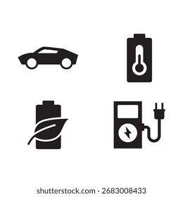 Colección de la temperatura de la batería del EV y de los símbolos sólidos de la estación de carga.