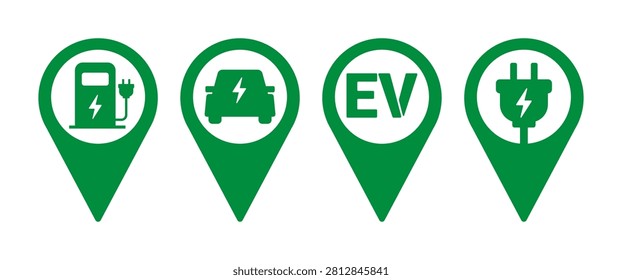 Collection of EV charging location pins with electric vehicle icons, charger symbols, and GPS map markers. Ideal for navigation apps, charging maps, parking, and wayfinding.