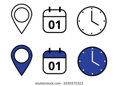 Collection of event, date, time and location icons for use on websites and graphic resources. Specific day of the scheduled date, day 01.