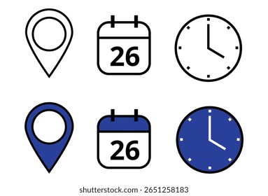 Collection of event, date, time and location icons for use on websites and graphic resources. Specific day of the scheduled date, day 26.