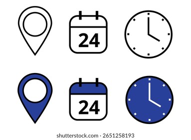 Collection of event, date, time and location icons for use on websites and graphic resources. Specific day of the scheduled date, day 24.