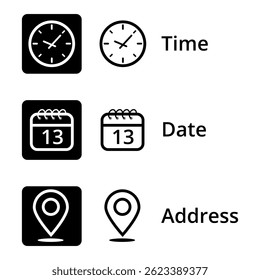 Colección de íconos de eventos con hora, fecha y ubicación, ícono de calendario con día específico marcado, día 13.